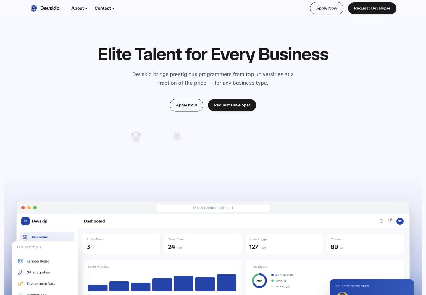 Devskip landing page, featuring its student developer platform and dashboard.