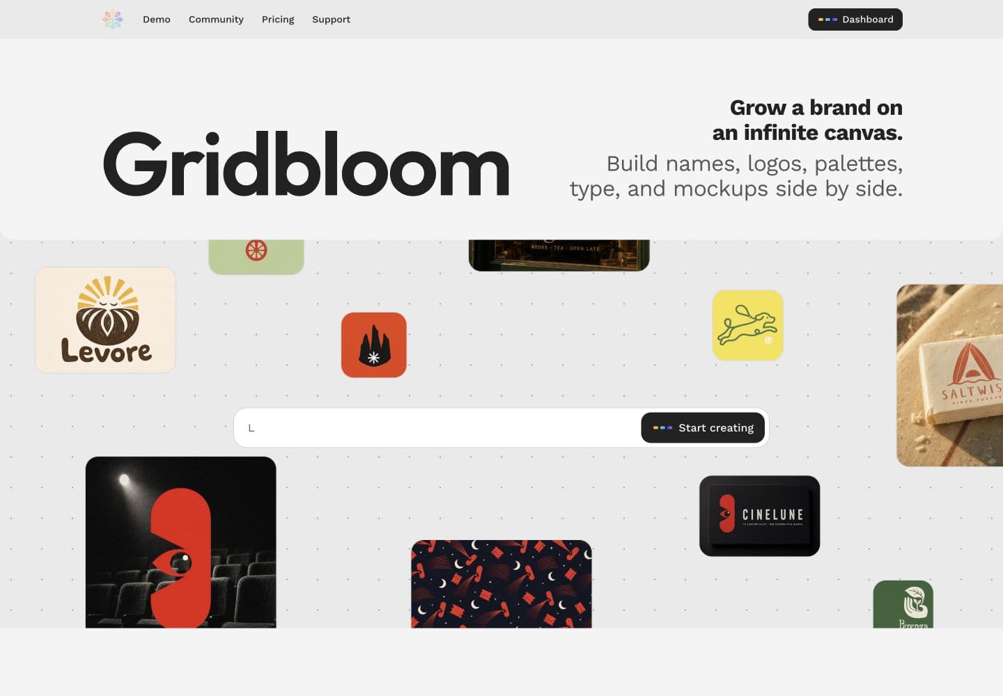 Gridbloom landing page, featuring an infinite canvas of brand identities.