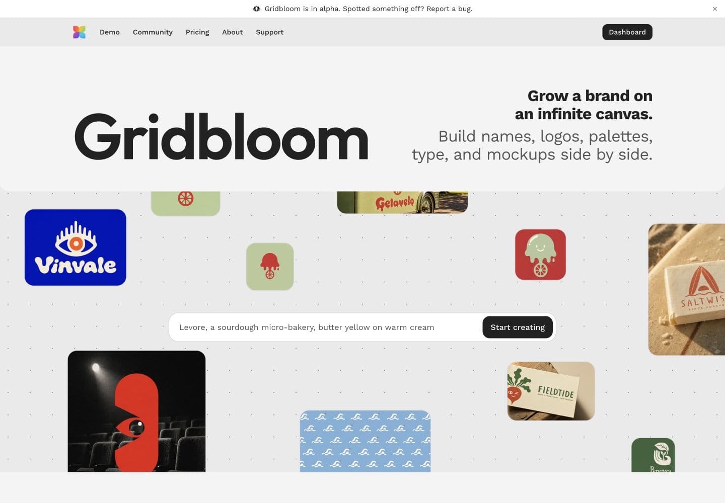 Gridbloom landing page, featuring an infinite canvas of brand identities.