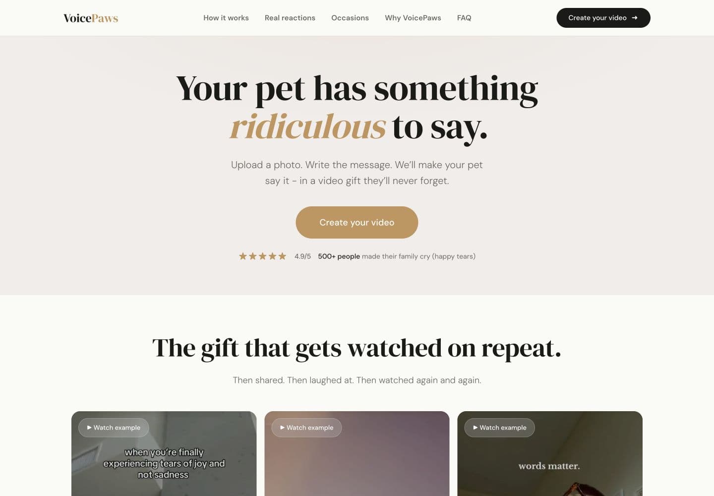 VoicePaws landing page, featuring personalized pet video gifts.